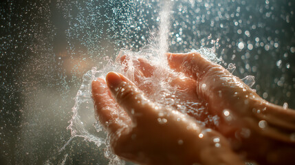 Fototapeta premium Hands under running water catching splashes and droplets in sunlight