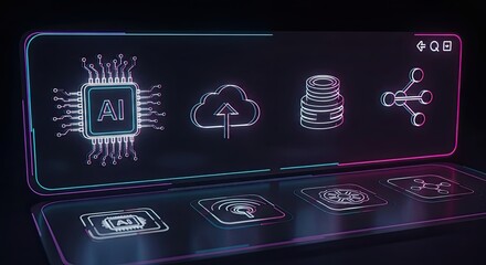 glowing AI circuit board icon formed from glitch lines and distortion, neon data flow pattern, futuristic holographic look 