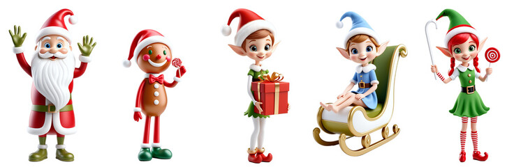 Festive Christmas character set includes Santa Claus, gingerbread man, and joyful elves, showcasing bright colors and playful designs, perfect for holiday-themed projects