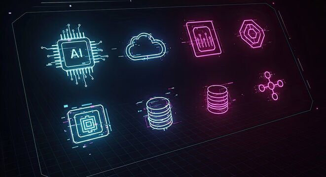 glowing AI circuit board icon formed from glitch lines and distortion, neon data flow pattern, futuristic holographic look - Powered by Adobe