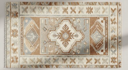 An overhead view of a rectangular rug featuring a detailed geometric pattern in earthy tones of brown, beige, and gray.