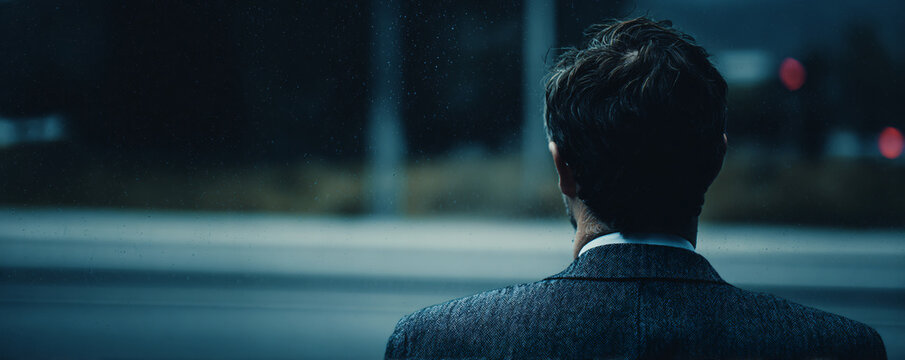 Businessman looking out window at rainy city night, feeling contemplative and thoughtful