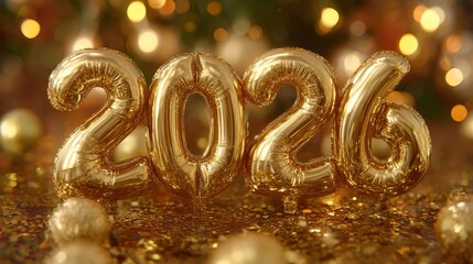 Golden 2026 balloon numbers on blurred festive background