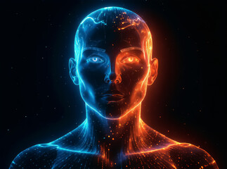 Neural Balance &ndash; Futuristic Blue and Orange AI Face