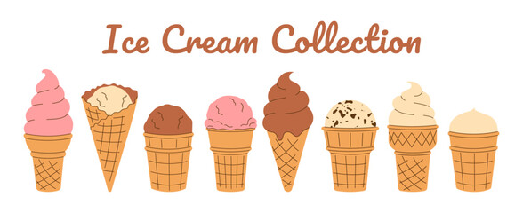 Summer hand drawn Ice Cream Clipart collection. Soft chocolate, vanilla, strawberry gelato, melted scoop in waffle cone on white background. Isolated Hand drawn flat Vector illustration EPS10