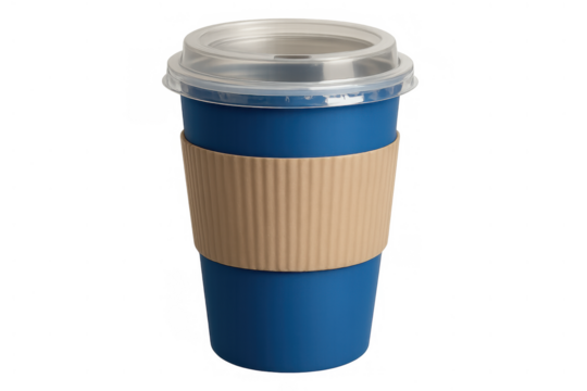 Reusable blue travel mug with transparent lid and brown grip, carrying hot beverages for eco-friendly commuters