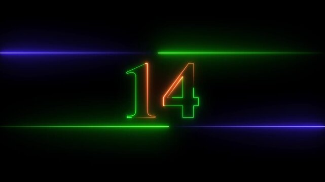 Neon glowing text number 14 icon and neon glowing Red And Green  number text sign icon animation black background 4k animation