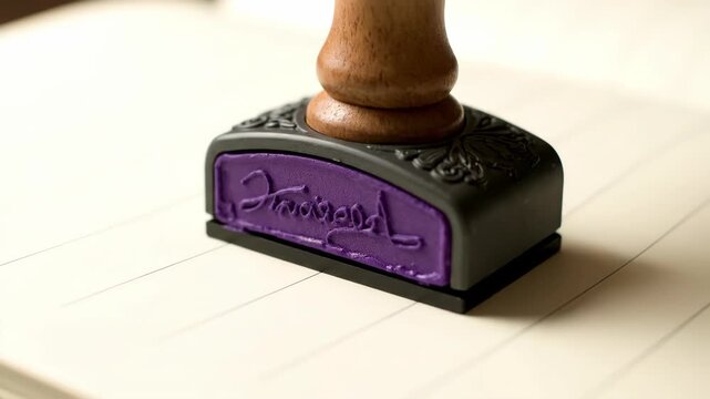 Close up of stamp imprint on paper surface office supplies and stationery concept