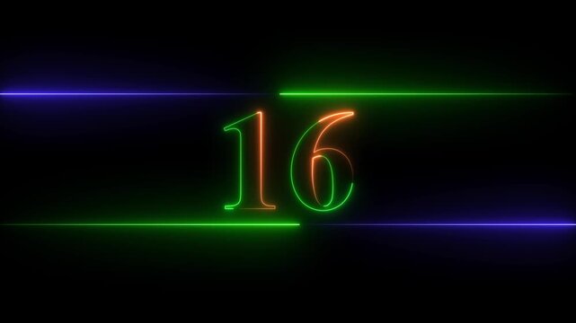 Neon glowing text number 16 icon and neon glowing Red And Green  number text sign icon animation black background 4k animation