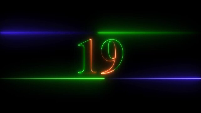 Neon glowing text number 19 icon and neon glowing Red And Green  number text sign icon animation black background 4k animation