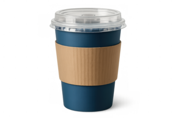 Disposable coffee cup with dark blue body, cardboard sleeve, and clear plastic lid for hot beverages