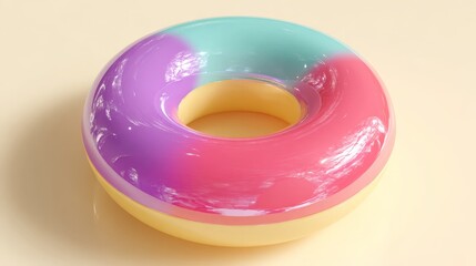 Glossy donut with vibrant colors, including pink, purple, and turquoise, placed on a smooth beige surface, highlighting artistic dessert design and visual appeal