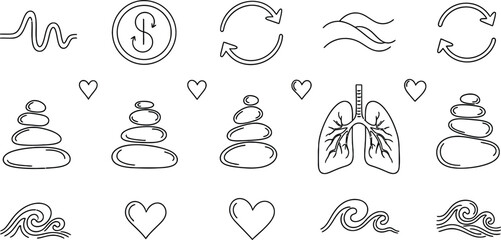 Doodle symbols for mindfulness, breath icons, balance stones, waves, hearts, minimal sketch