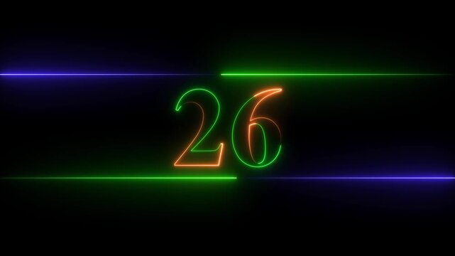 Neon glowing text number 26 icon and neon glowing Red And Green  number text sign icon animation black background 4k animation