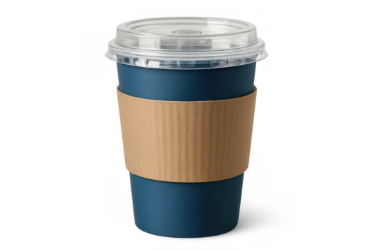 Disposable coffee cup with dark blue body, cardboard sleeve, and clear plastic lid for hot beverages