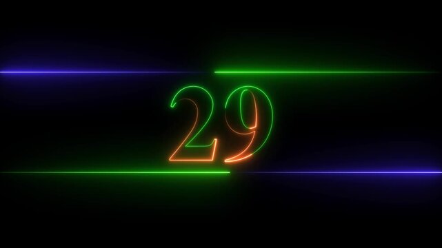 Neon glowing text number 29 icon and neon glowing Red And Green  number text sign icon animation black background 4k animation