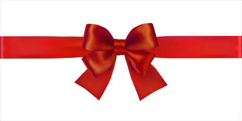 Red satin ribbon and bow. Vector illustration for greeting cards, winter prints, cover, calendar, gift tags and social media	isolated on the white background 