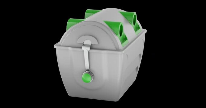 Outdoor plastic garbage container rotation animation seamlessly loopable. 3D rendering isolated on transparent background