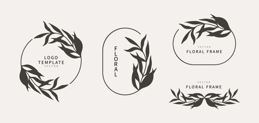 Collection of floral frames with silhouettes of branches and leaves. Hand drawn elegant delicate botanical borders and wreaths. Vector isolated elements for wedding invitation, card, logo
