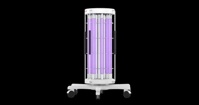 UV germicidal lamp on wheels rotation animation seamlessly loopable. 3D rendering isolated on transparent background