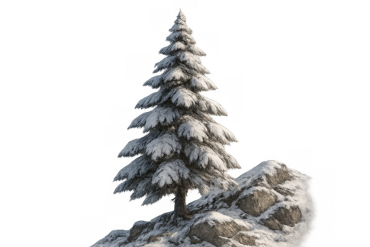 Pine tree standing on snowy rocks with branches covered in snow, winter nature element with transparent background