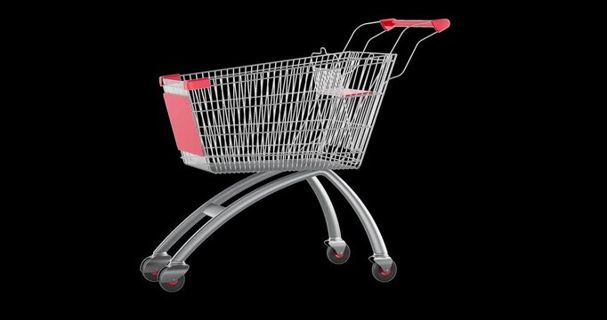 Shopping cart, shopping trolley rotation animation seamlessly loopable. 3D rendering isolated on transparent background