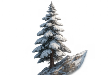 Pine tree growing on rock covered in snow, creating a winter scene with transparent background