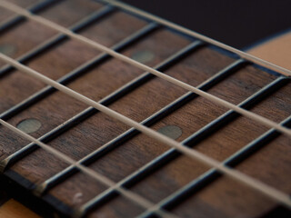 Fototapeta premium Ukulele neck and strings horizontal across frame, focus on wood texture, no reflective light, warm natural tones, minimalist artistic composition, musical instrument macro detail.