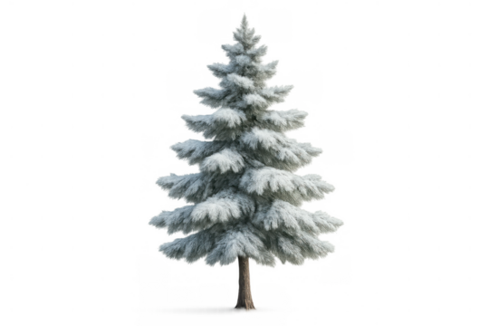 Christmas fir tree standing covered in snow, winter holiday evergreen conifer symbol, transparent background