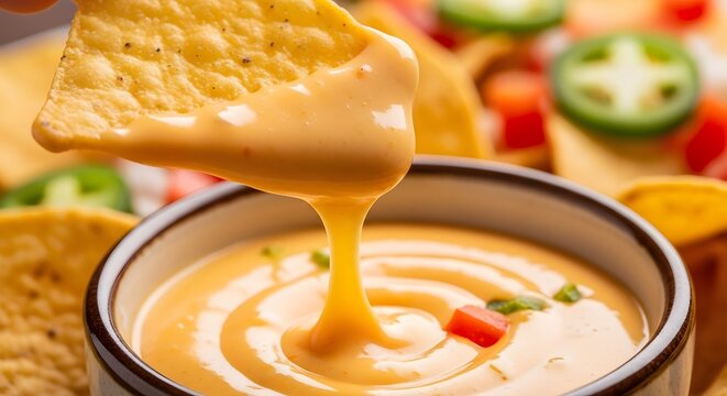 Golden Cheese Bliss: A crispy tortilla chip is dipped into a rich, creamy bowl of golden cheese sauce, accompanied by a vibrant arrangement of fresh ingredients, promising a burst of flavor. - Powered by Adobe