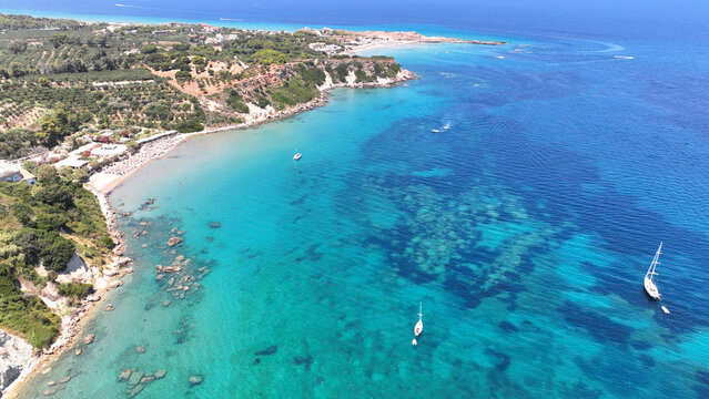 Aerial drone photo of amazing seascape and beach of Mavratzi in south east part of Zakinthos island, Ionian, Greece