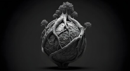 Eternal Bond: A stylized representation of Earth, embraced by the intertwining roots and crowned with the foliage, symbolizes the enduring connection between nature and the planet.