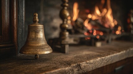 Vintage brass Christmas bell on rustic wooden mantel above crackling fireplace