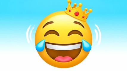 Joyful emoji with crown and tears on blue background - Powered by Adobe