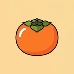 Cartoon persimmon fruit with green leaves and black outline.