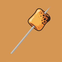 Toasted marshmallow on a skewer with burnt spots and caramel coloring.