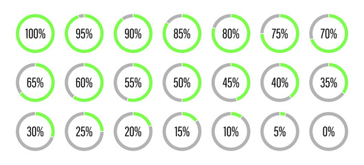 Template of neon green and gray color fill pie charts indicator. Round graph loading progress set. Green progress bars. Circle diagrams icons for infographics from 100 to 0 percent. Round percentage