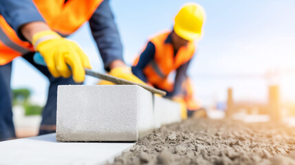 Construction workers meticulously laying concrete blocks on a building site, forming a new foundation for urban infrastructure