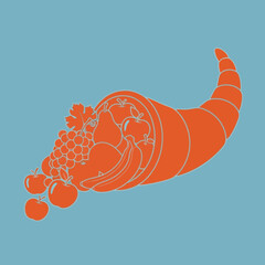 Orange cornucopia filled with fruit including apples bananas grapes and pears.