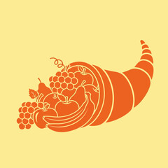 Orange cornucopia filled with fruits like apples bananas pears and grapes.