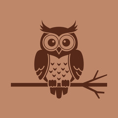 Stylized owl sits on a branch with simple shapes and details.
