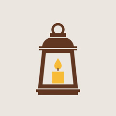 Brown lantern containing a lit yellow candle with a flame.