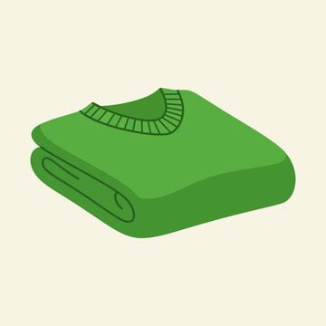 Folded green sweater with ribbed neckline shown in a simple illustration.