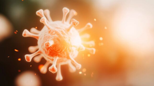 Virus destroying with bright glowing red and orange light, abstract microscopic view of coronavirus concept