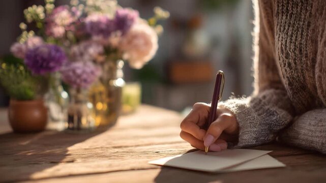 Young Woman Writing Thank You Card at Wooden Table in Soft Daylight