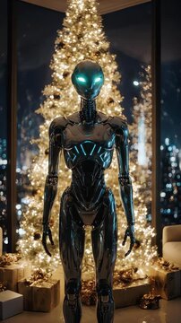An extraterrestrial robot standing in front of a Christmas tree with a cityscape view