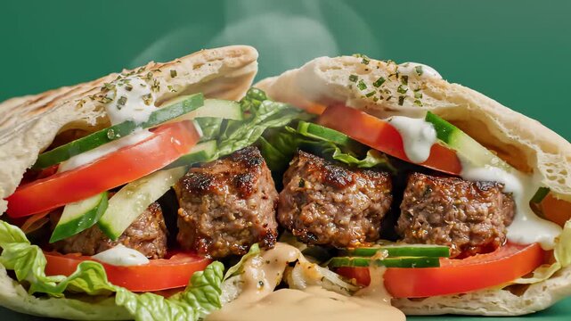 Grilled Kofta Kebab Wrapped in Flatbread with Fresh Vegetables