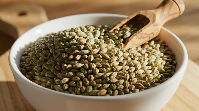 Close-up of Uncooked Green Freekeh Grains in White Bowl