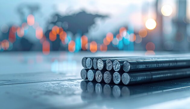 Stack of polished metal rods symbolizing industrial strength and economic growth trends with modern financial data visualized in the background