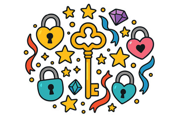 Whimsical Key Design. Magic key in the middle with locks, stars, ribbons, and gems forming a whimsical circular balance, bright